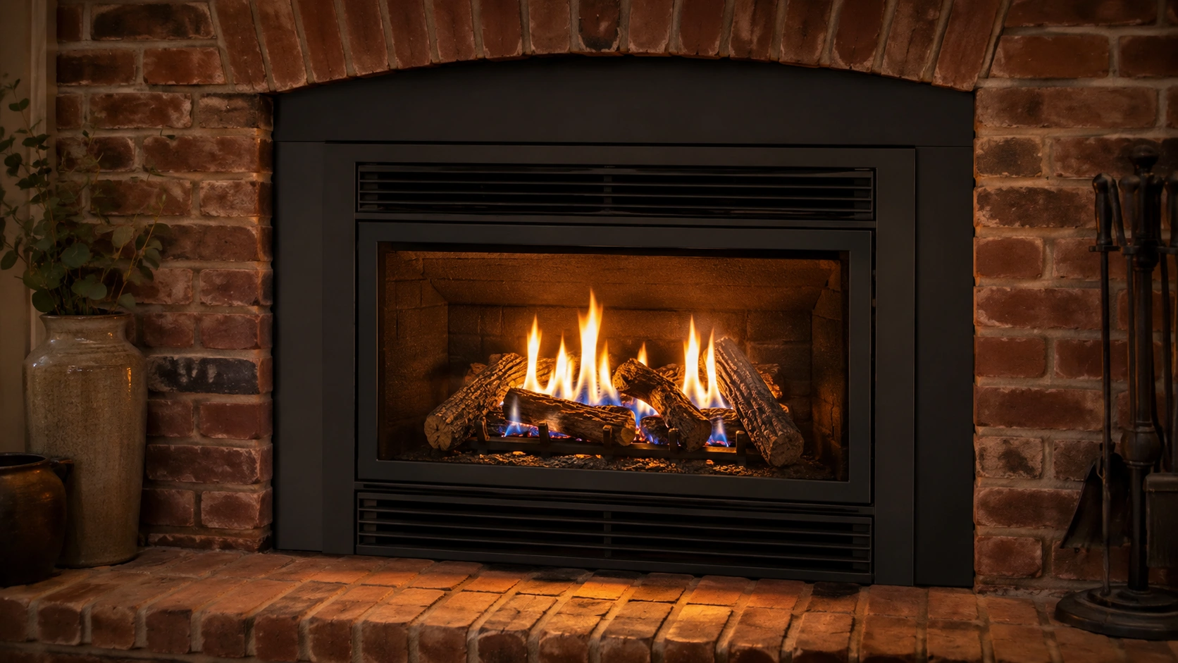 Gas fireplace insert with ceramic logs and realistic flames