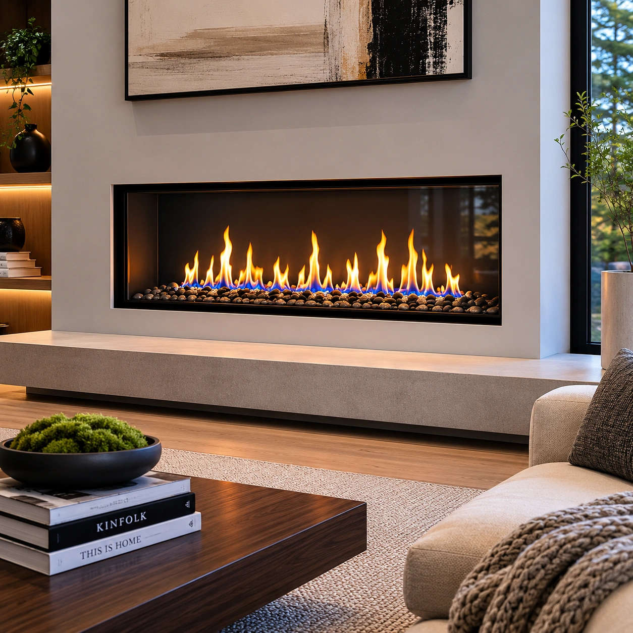 Direct vent gas fireplace with minimalist surround