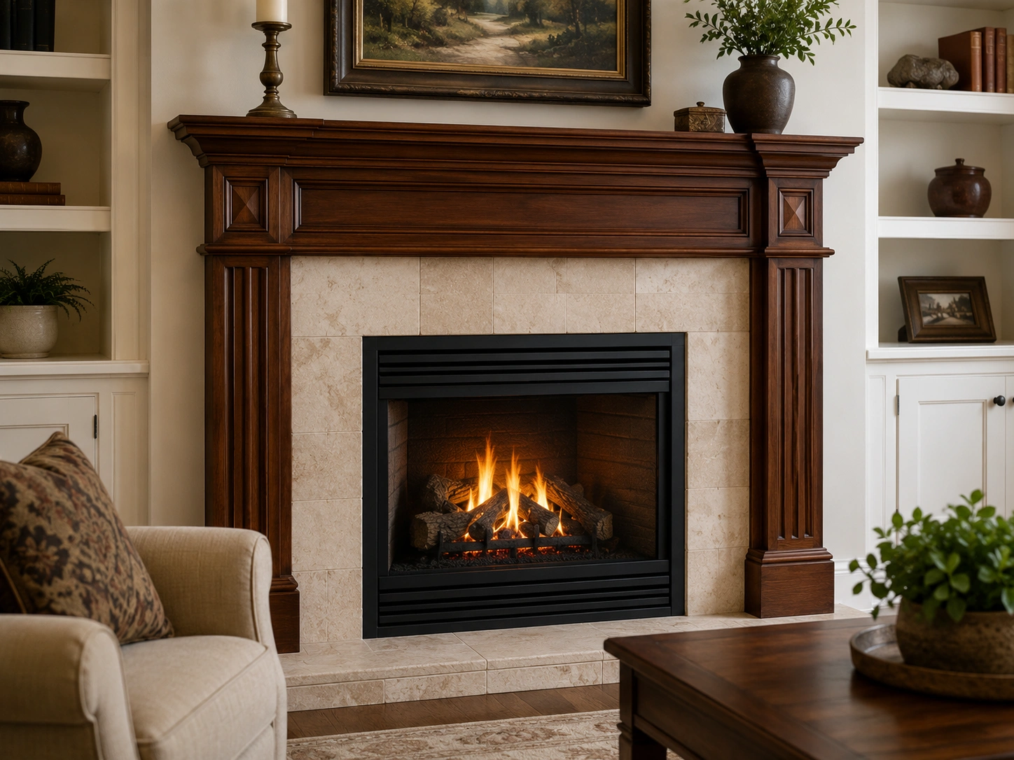 Gas set fireplace with realistic logs and traditional mantel