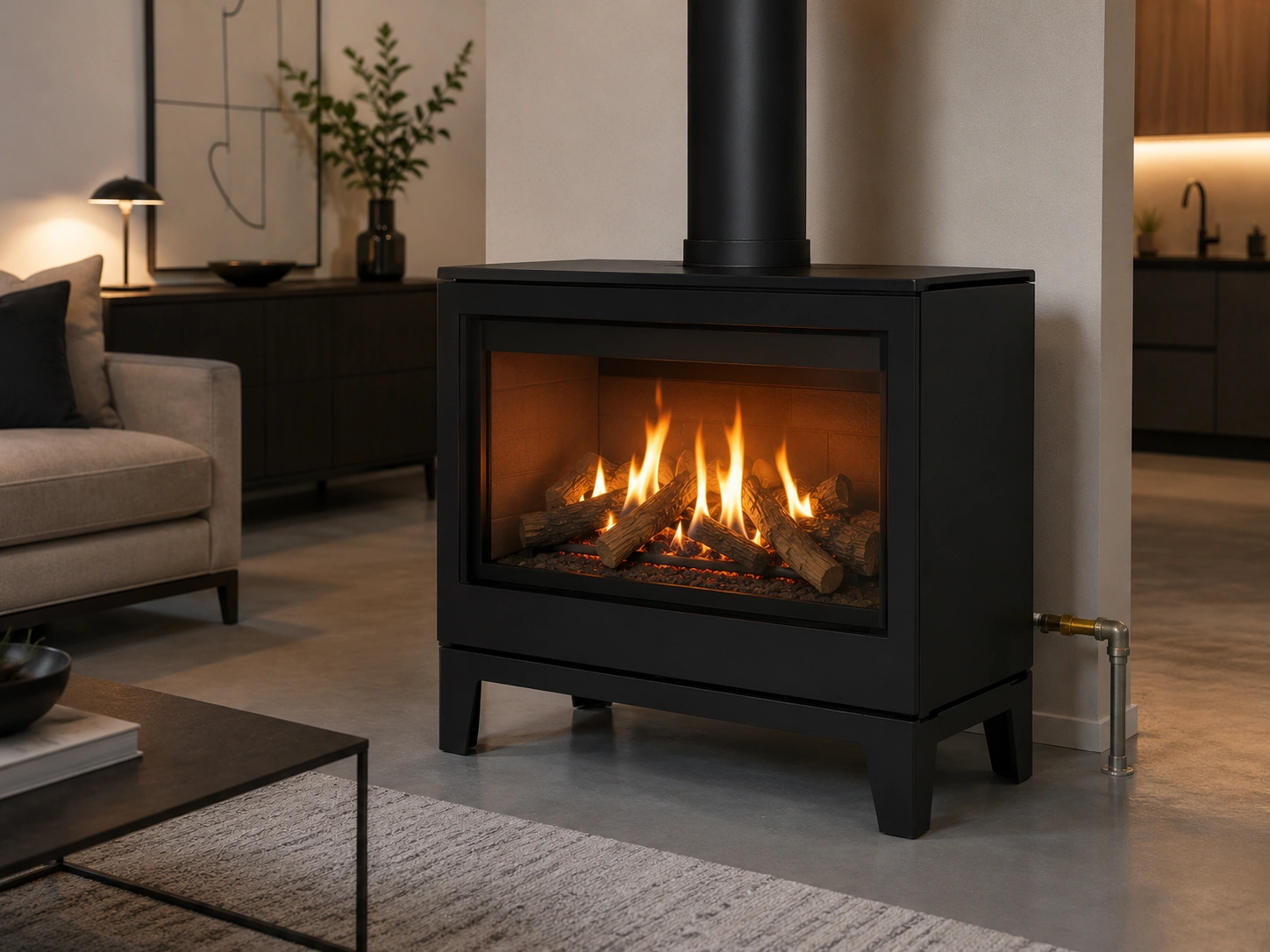 Contemporary gas standalone fireplace with realistic flames