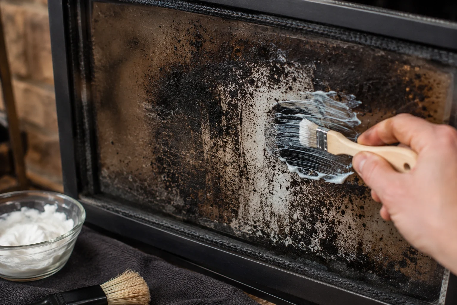 Removing heavy soot buildup from fireplace glass with specialized technique