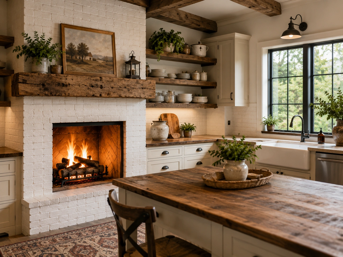 White brick fireplace in farmhouse style kitchen