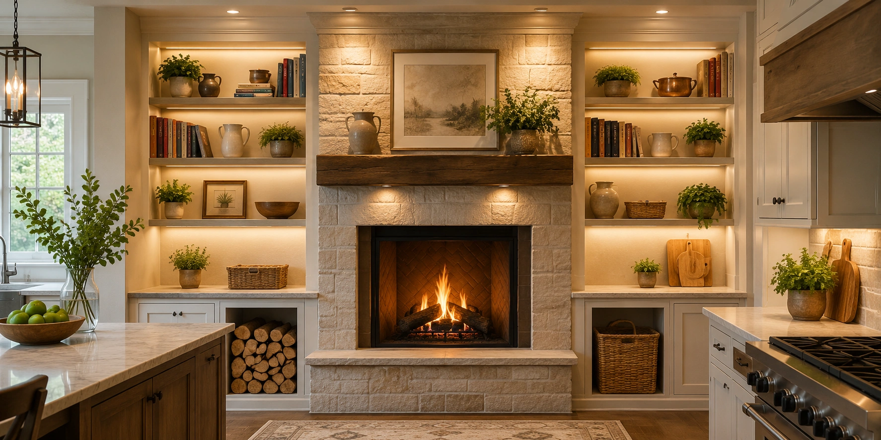 Beautifully designed kitchen fireplace with integrated storage and lighting