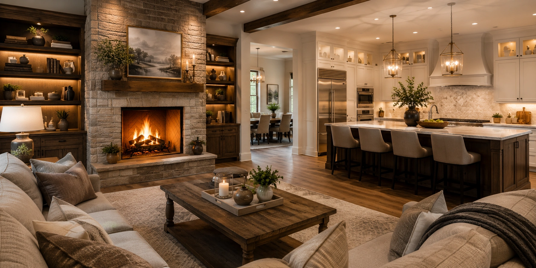 Stunning kitchen fireplace design serving as focal point in open concept kitchen