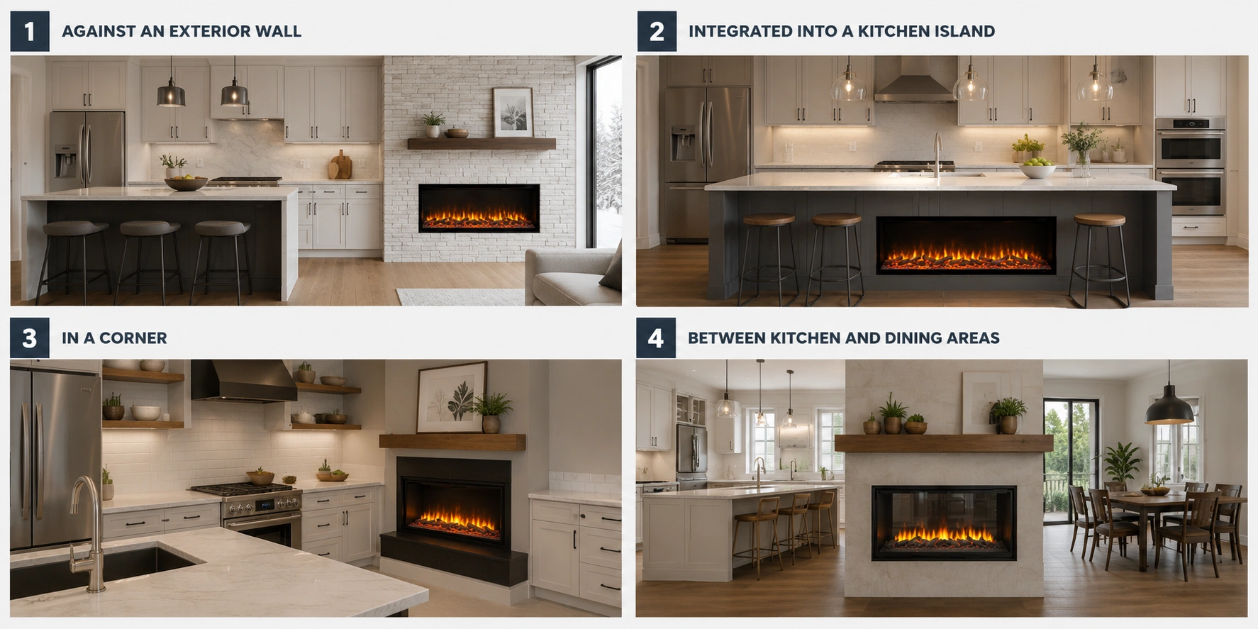 Diagram showing various fireplace placement options in kitchen layouts