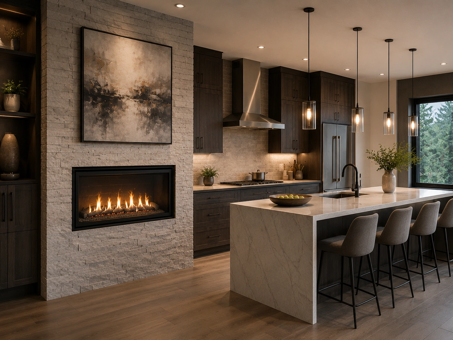 Contemporary gas fireplace with glass front in modern kitchen