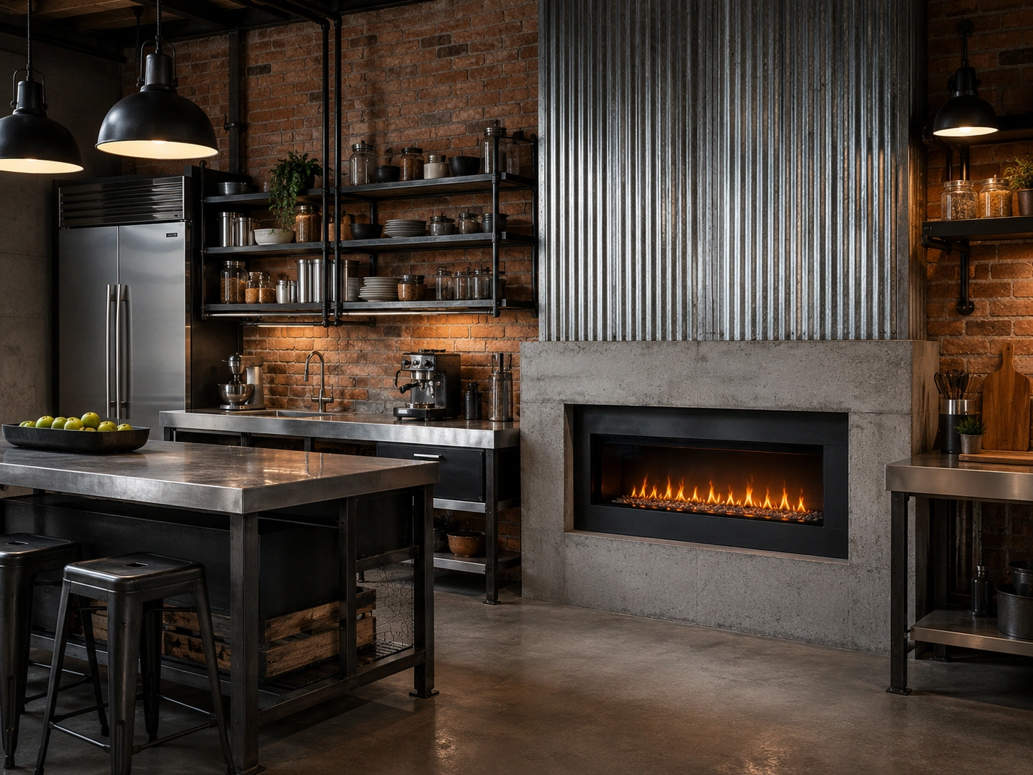 Industrial style fireplace with metal surround in loft kitchen