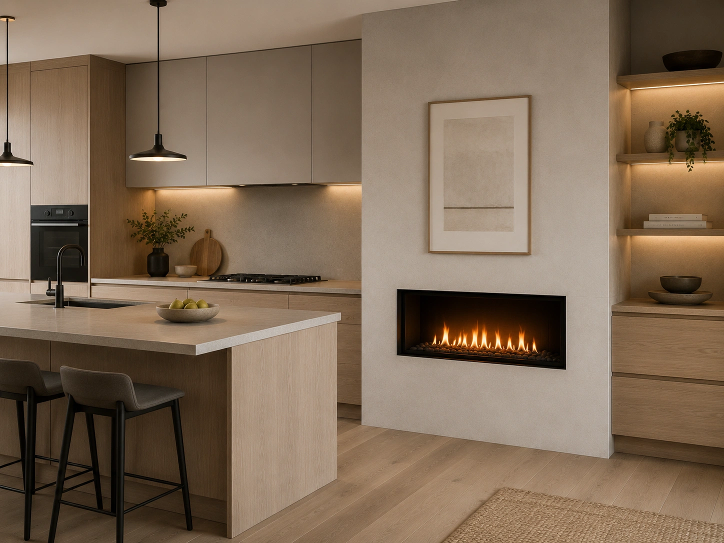 Integrated minimalist fireplace in modern kitchen