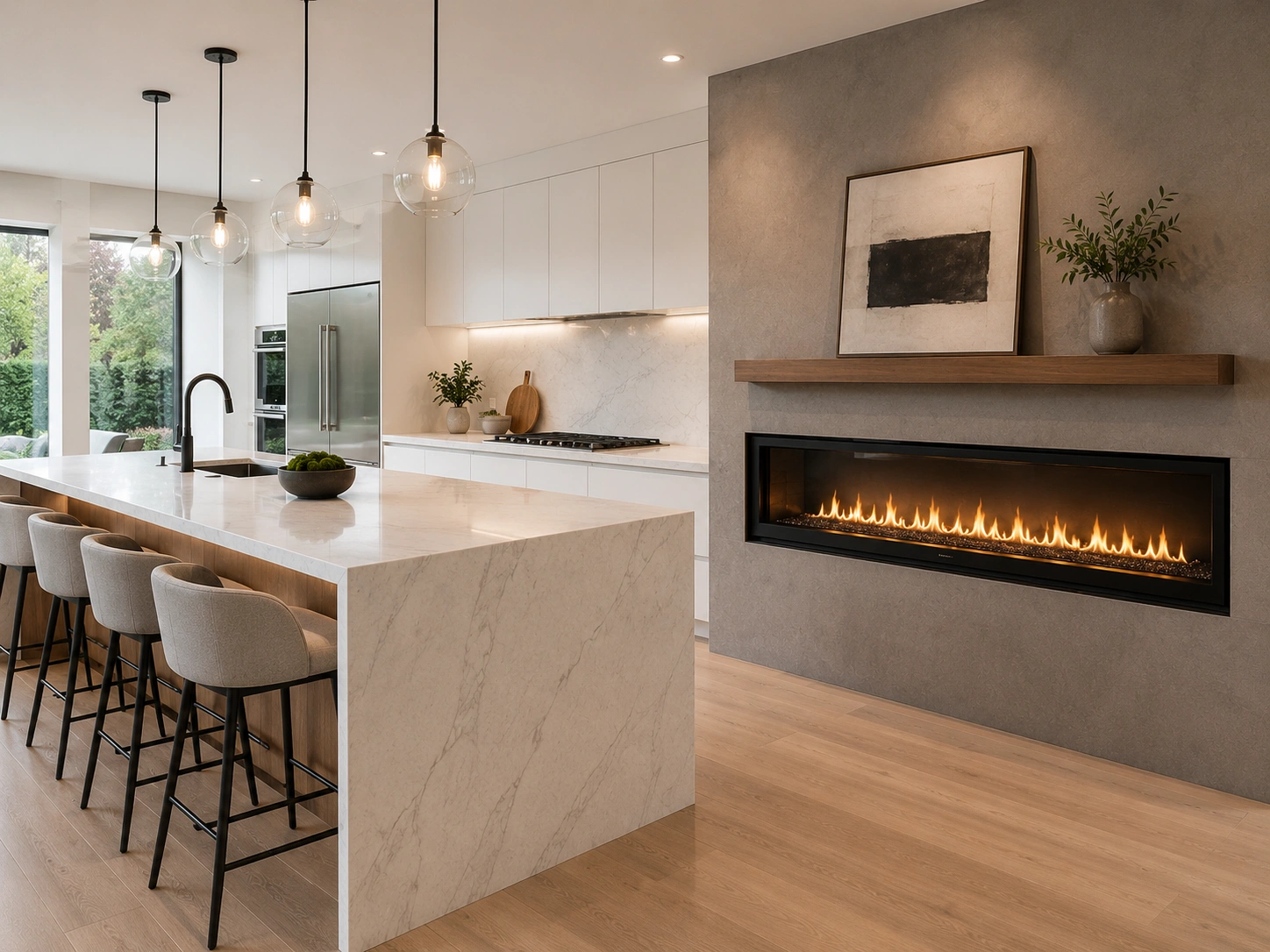 Minimalist linear fireplace in contemporary kitchen