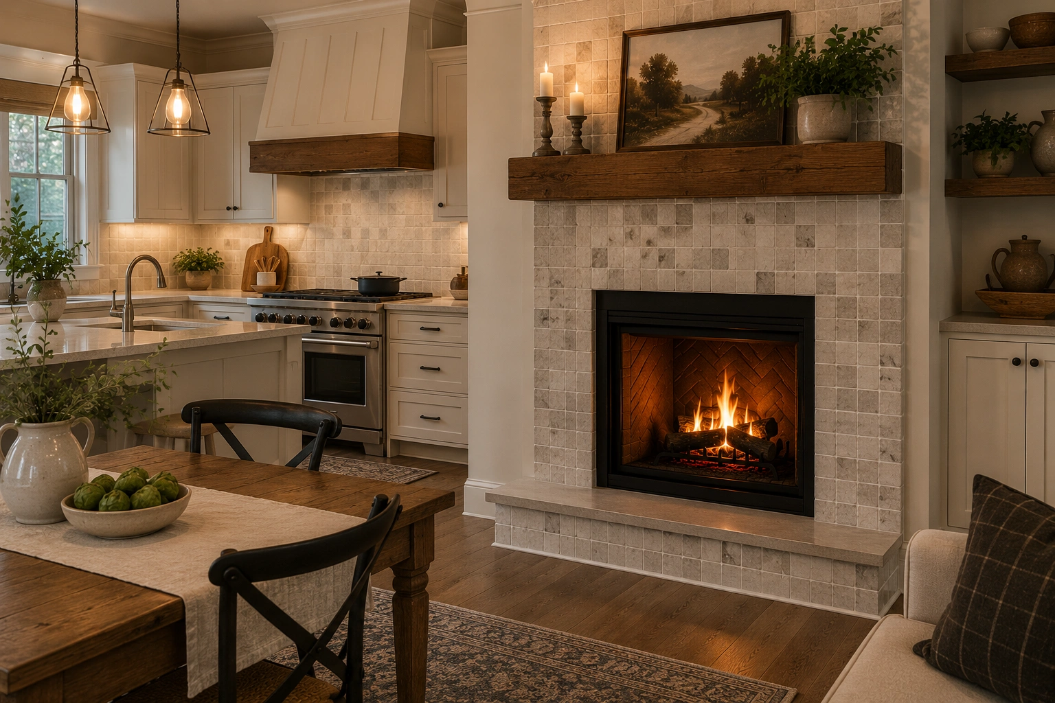 Tiled fireplace in open concept kitchen