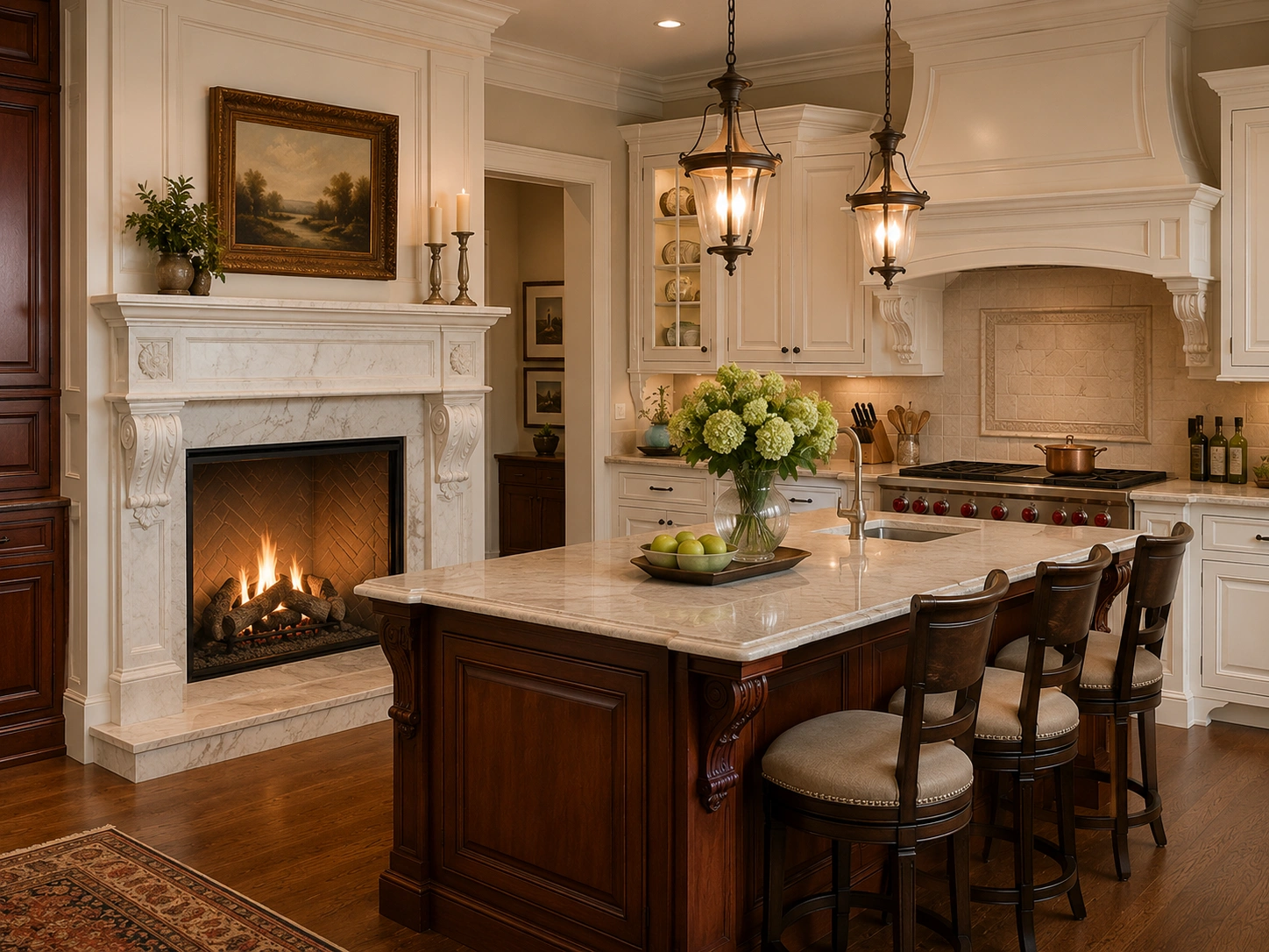 Elegant marble fireplace in traditional kitchen