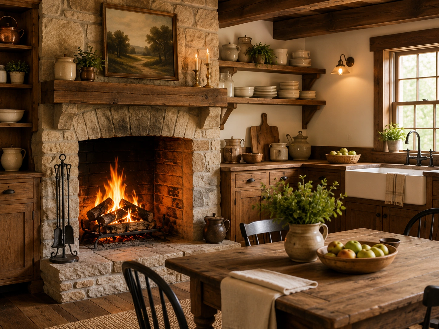 Traditional wood burning fireplace in rustic kitchen setting