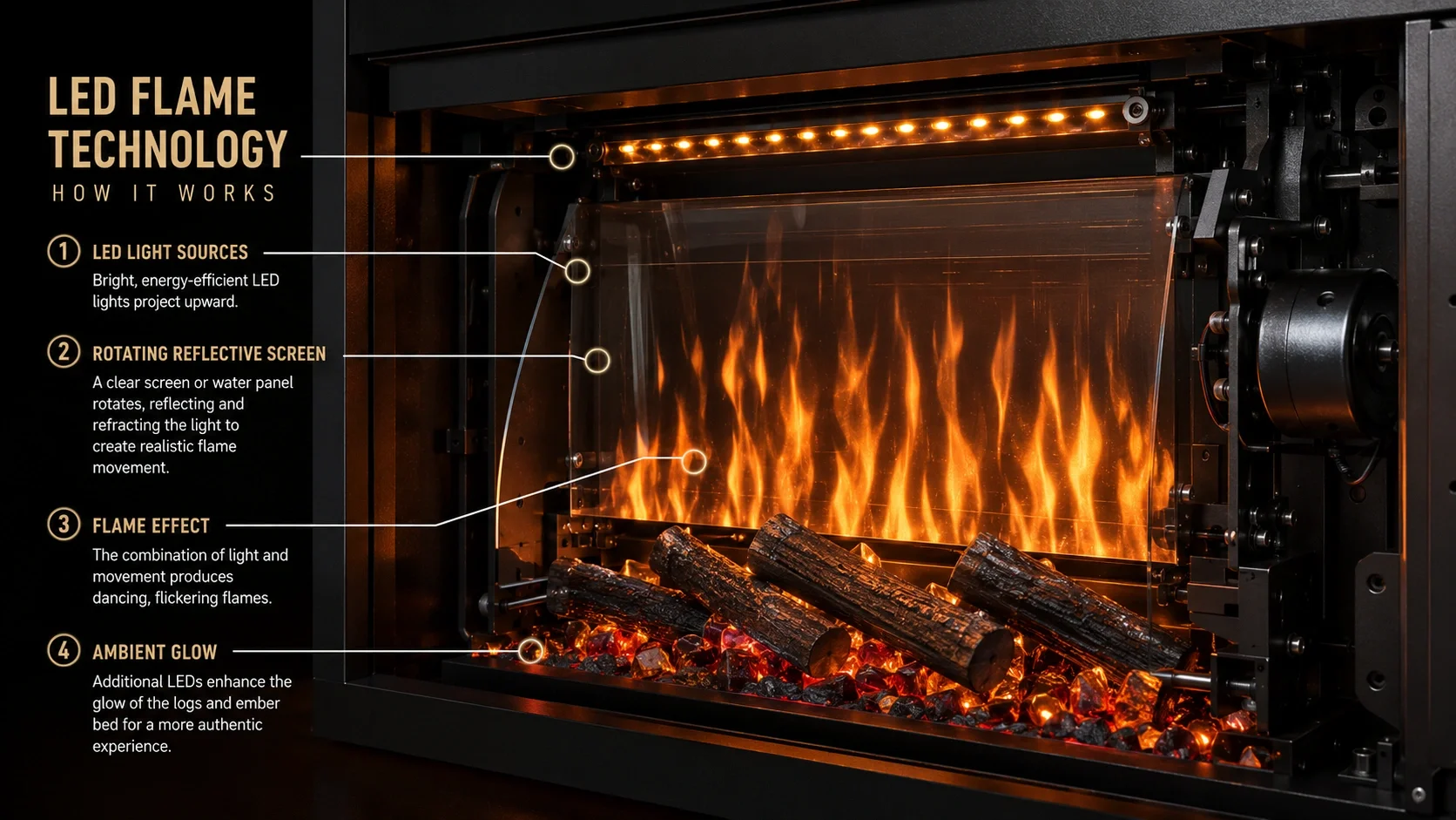 LED flame technology in electric fireplaces showing light reflection mechanism