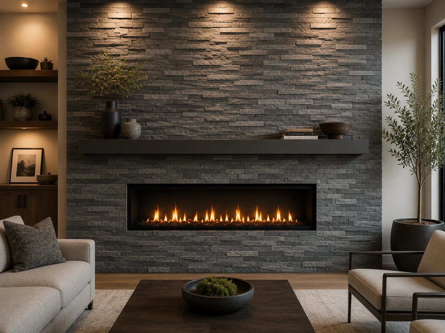 Ledger panel rock fireplace with stacked stone appearance