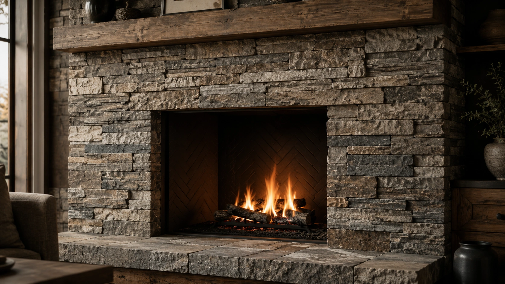 Ledgestone fireplace with rectangular stone pieces