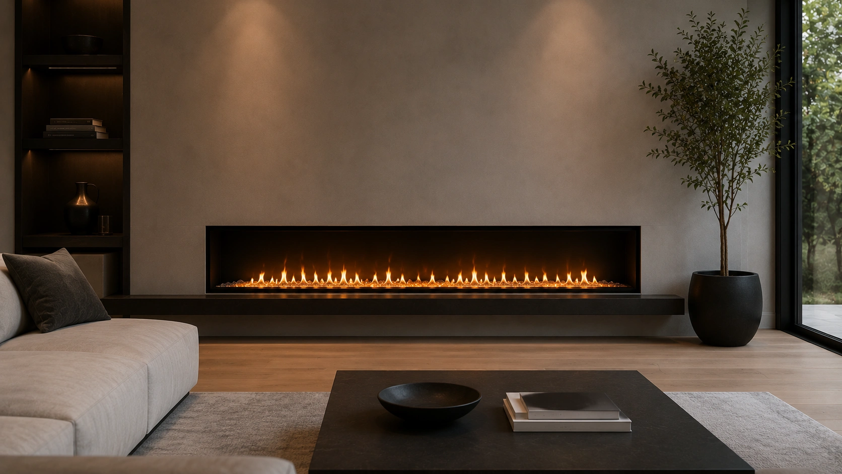 Wide linear minimalist fireplace with panoramic view