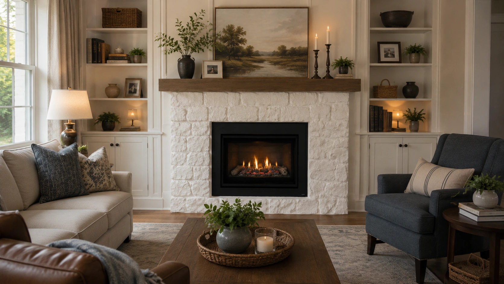 Well-decorated living room fireplace with balanced design
