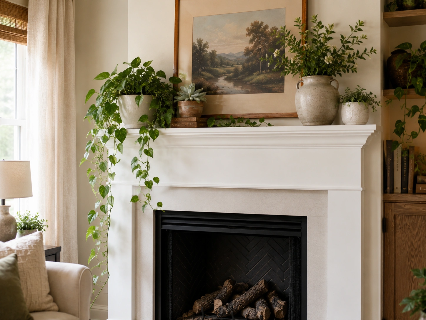 Fireplace mantel decorated with plants and natural elements