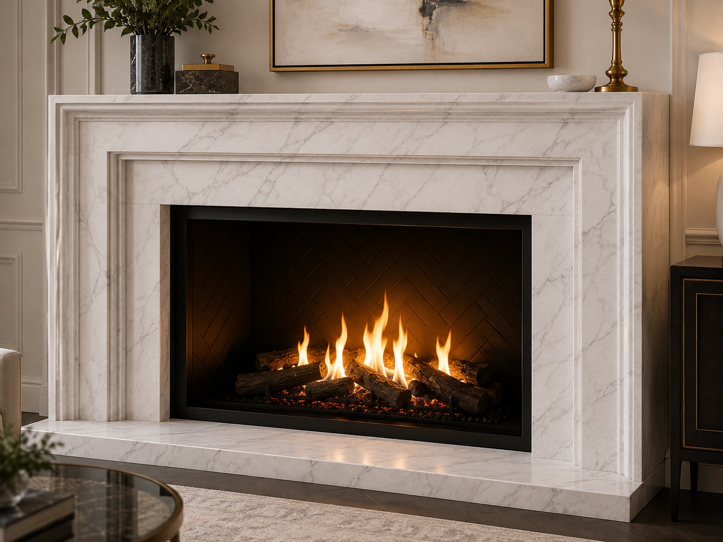 Elegant marble fireplace surround with veined pattern