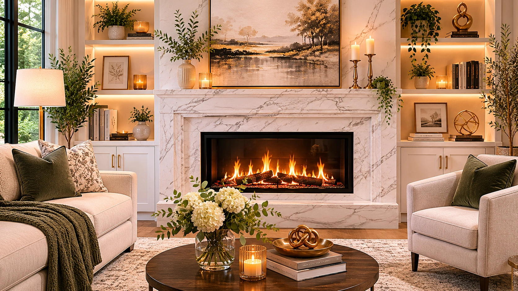 Elegant marble fireplace surround with veined pattern
