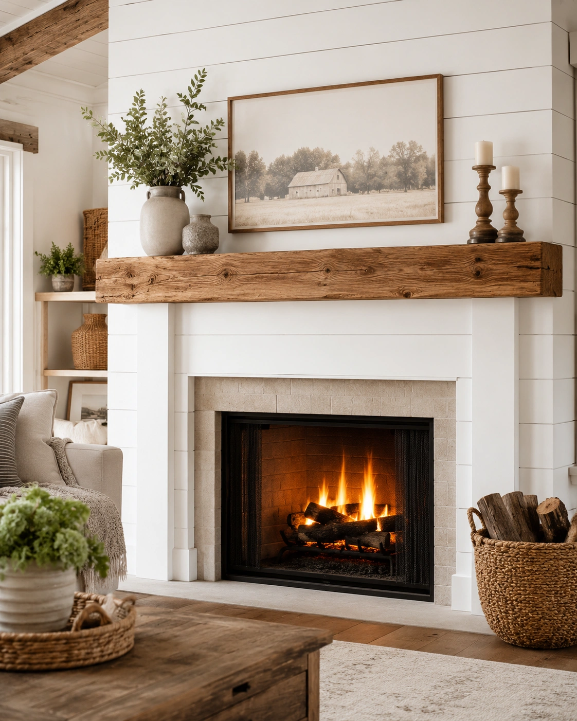 White painted shiplap fireplace with chunky wood mantel in farmhouse style