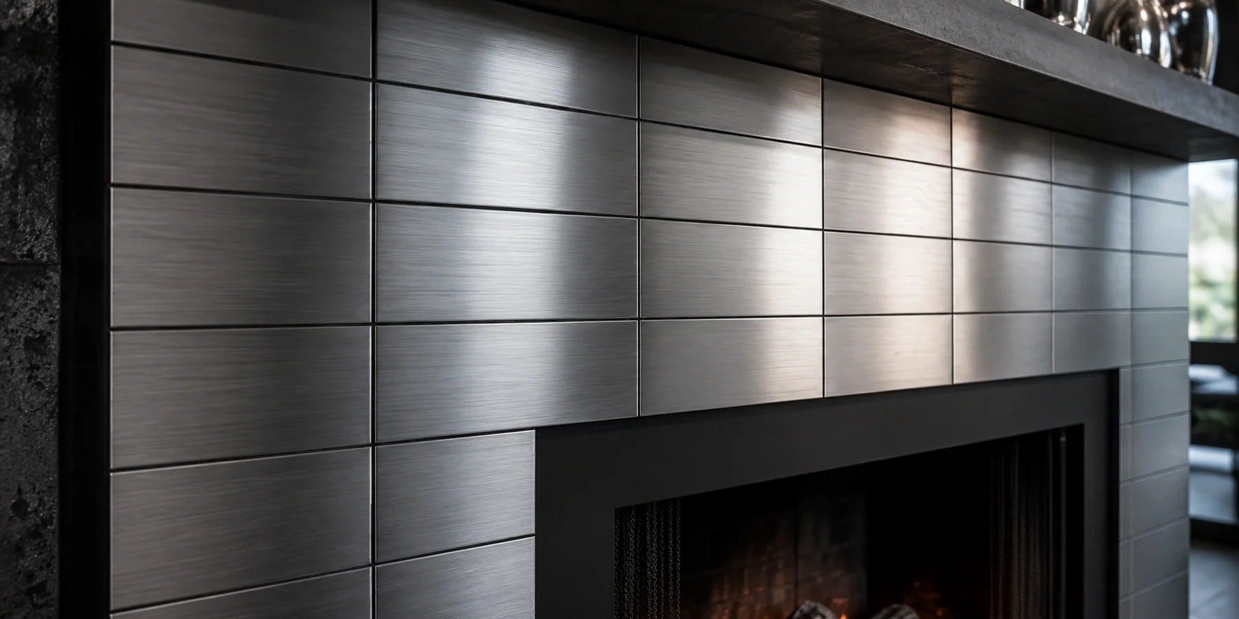 Metal accent tile fireplace with industrial design