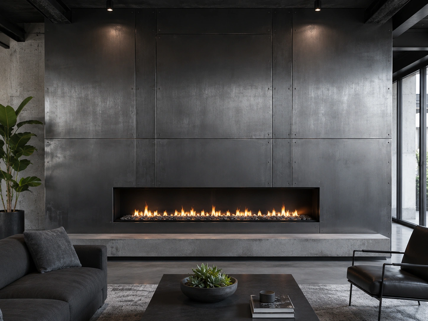 Industrial metal fireplace wall with contemporary design