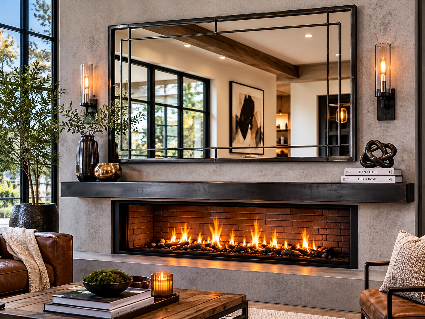 Industrial metal frame mirror above modern fireplace