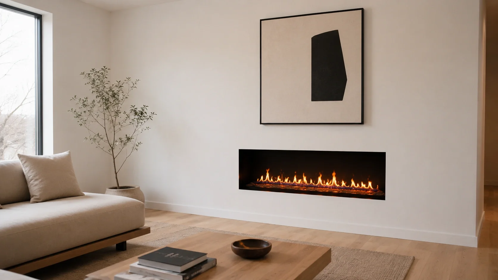 Minimalist fireplace design in a compact living space