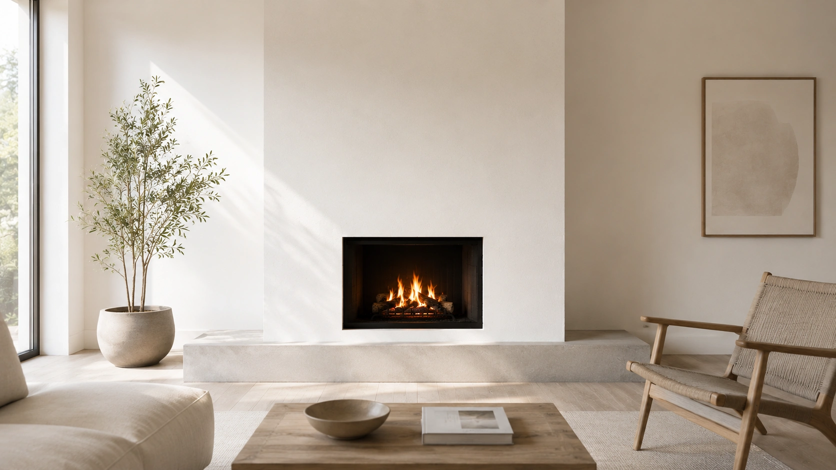 Minimalist fireplace with simple surround in uncluttered living space