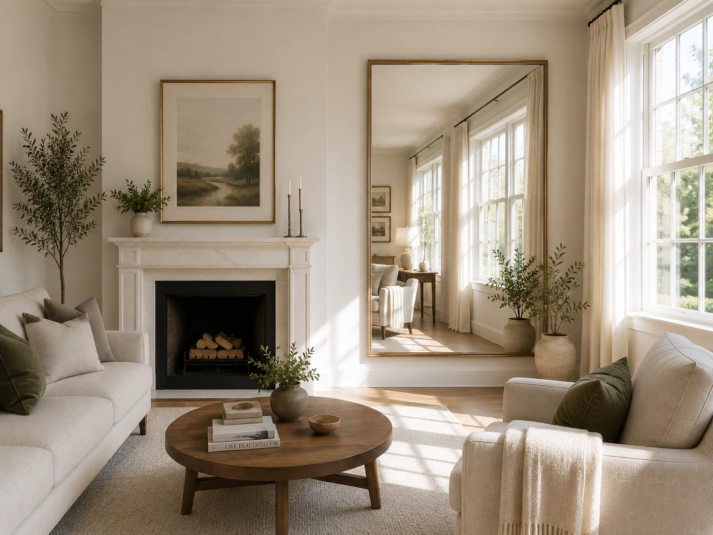Mirror reflecting natural light from window across fireplace