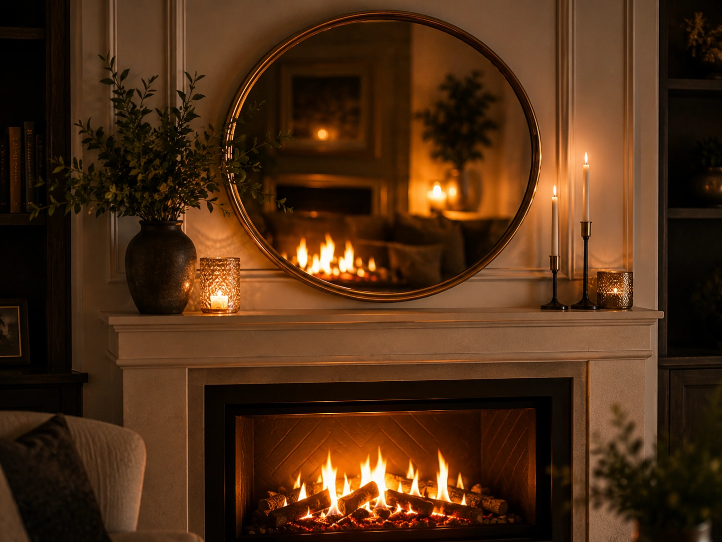 Fireplace flames reflecting beautifully in ornate mirror
