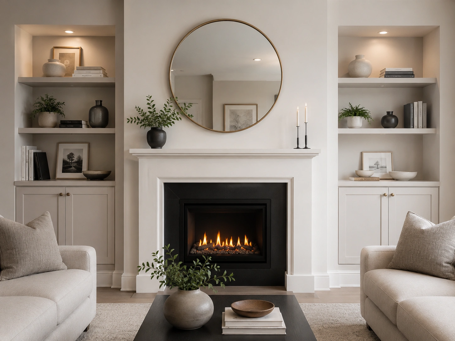 Symmetrical fireplace wall with balanced mirror design