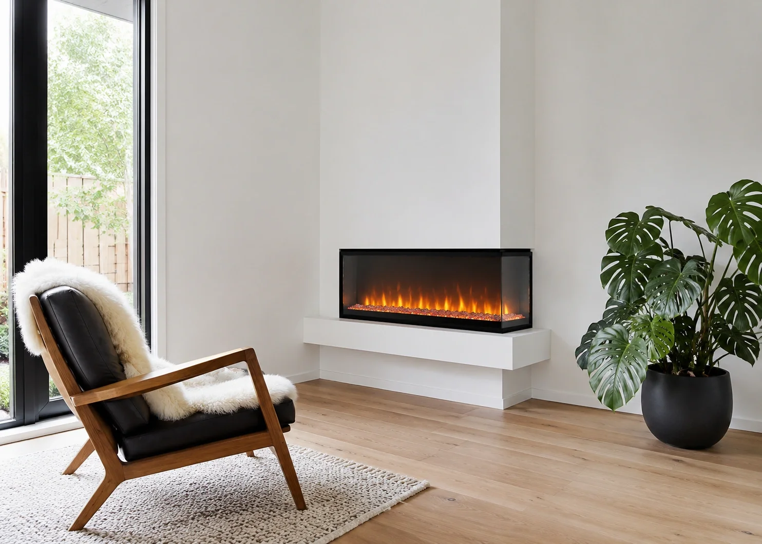 Sleek modern corner fireplace with clean lines