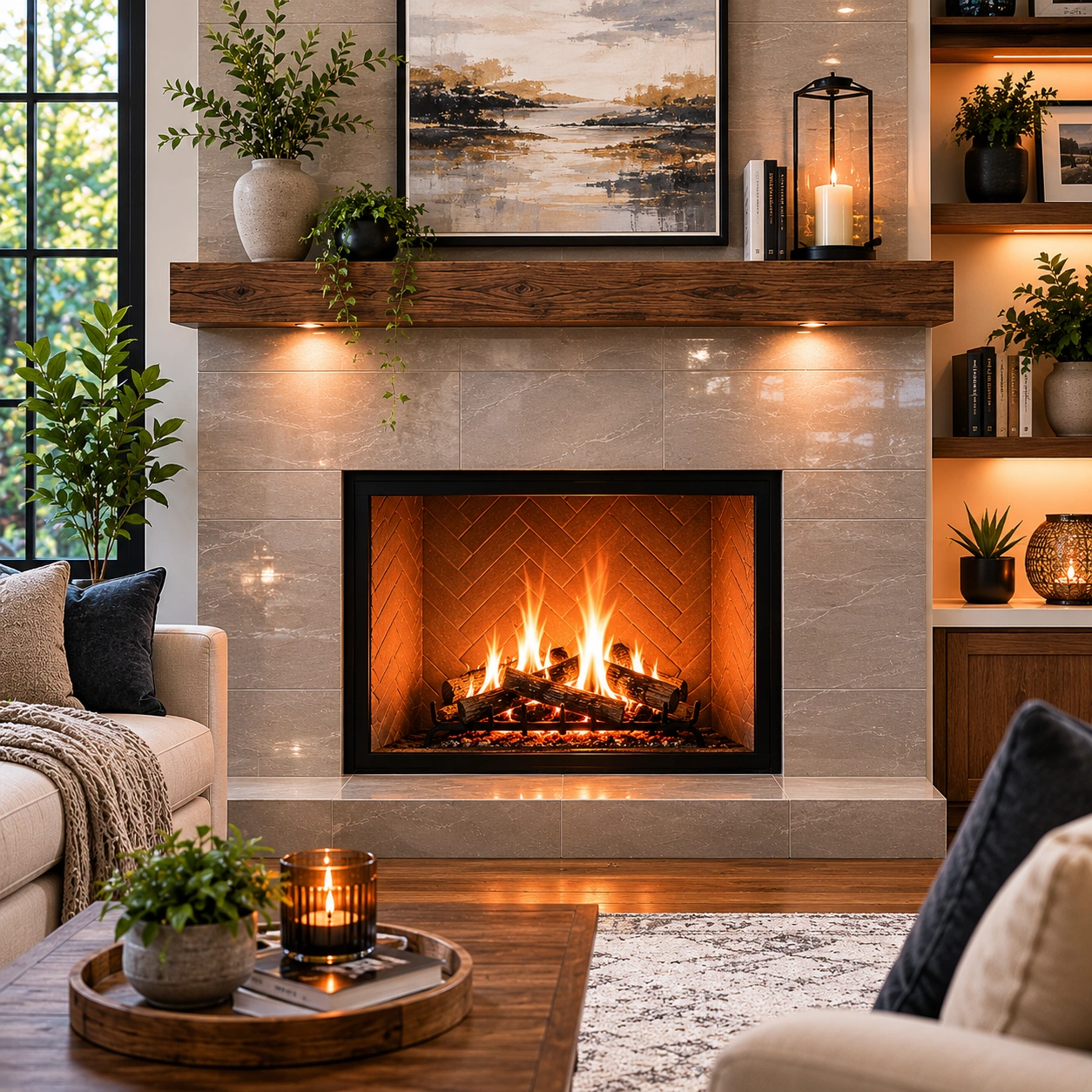 Modern minimalist tile fireplace design