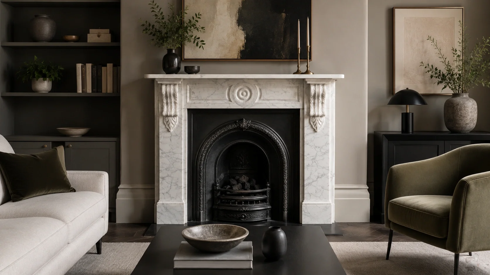 Contemporary home with Victorian style fireplace
