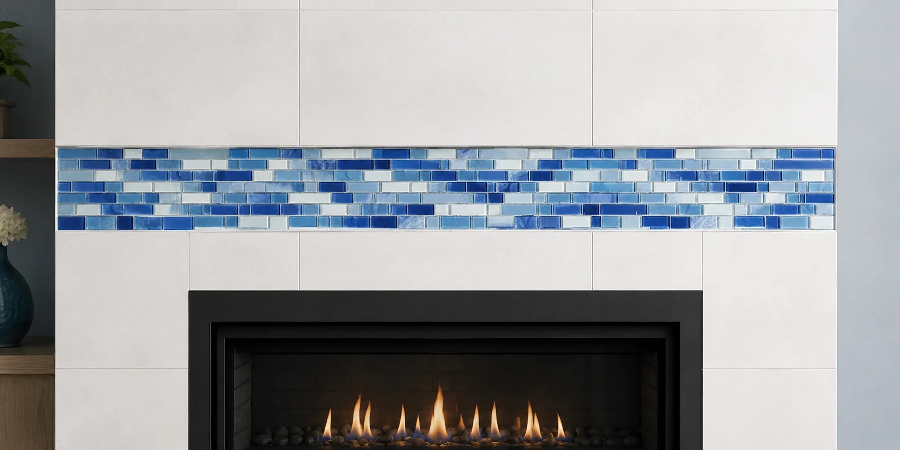 Mosaic tile design on fireplace