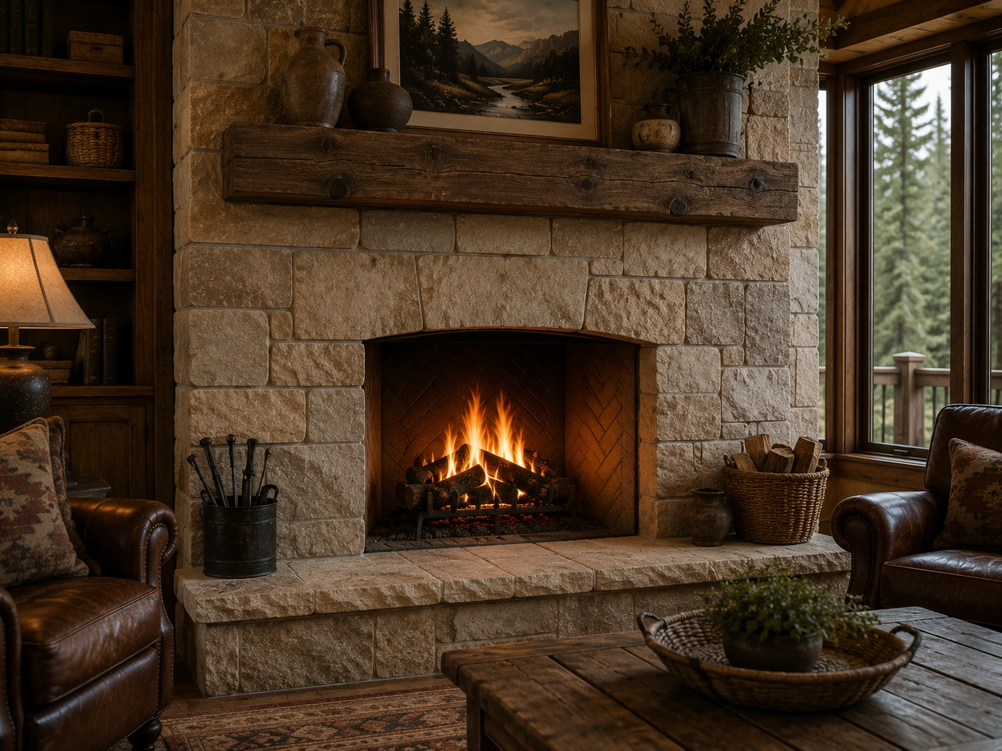 Fireplace constructed from solid natural sandstone blocks