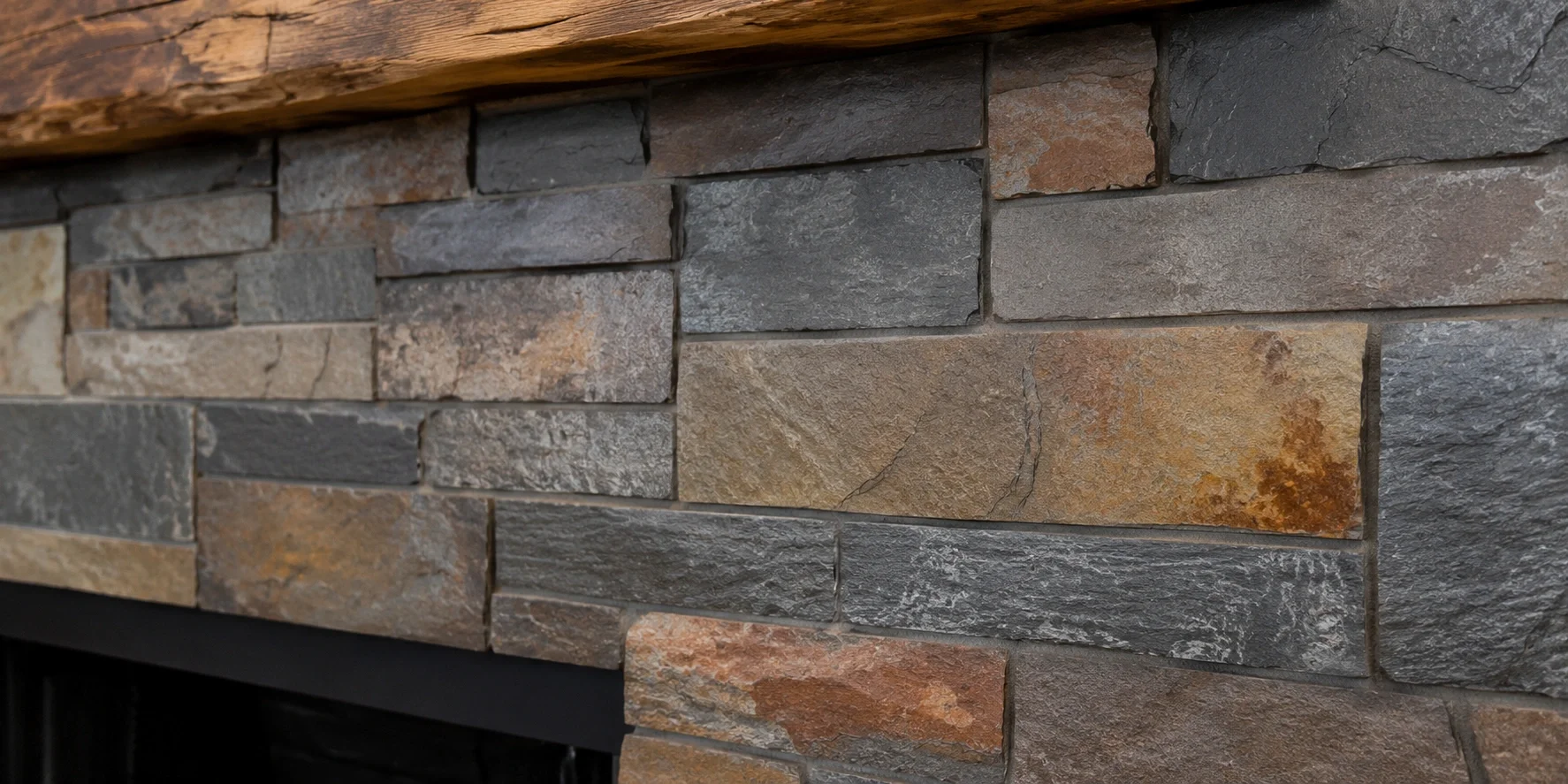Natural stone tile fireplace with rustic charm