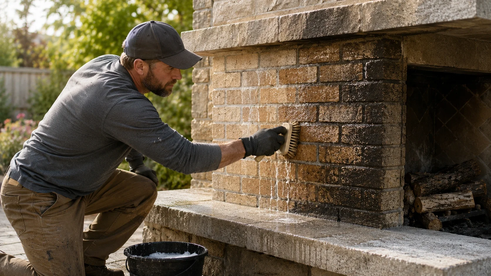 Person cleaning outdoor brick fireplace exterior with nylon brush and cleaning solution
