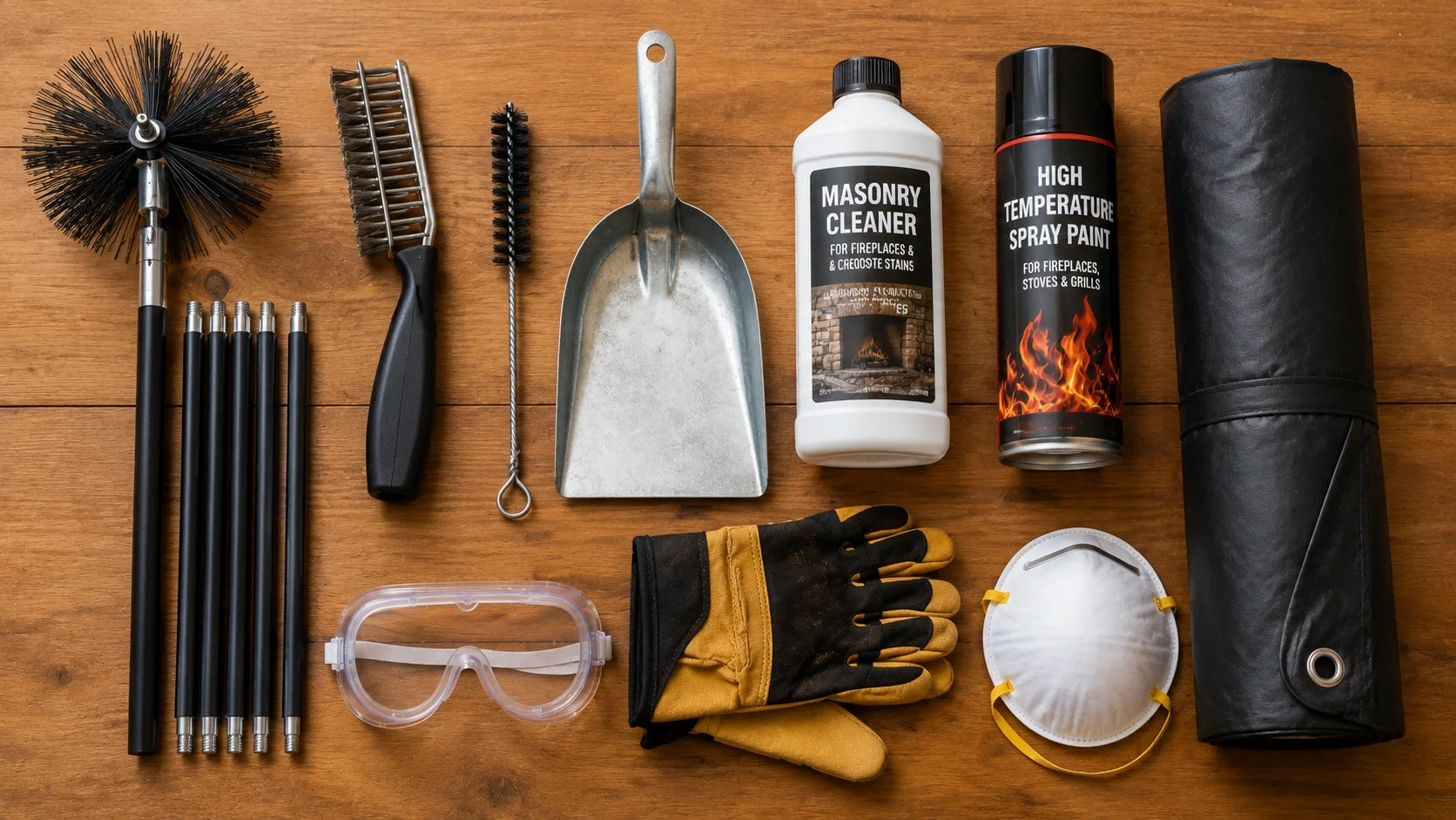 Collection of outdoor fireplace maintenance tools including brushes, cleaner, and safety gear