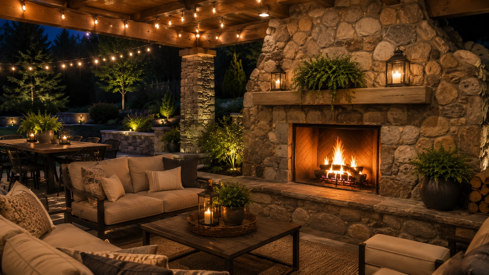 Outdoor rock fireplace on patio