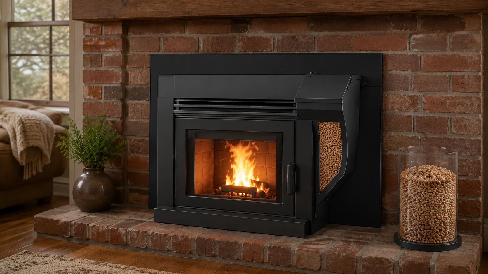 Pellet fireplace insert with hopper system