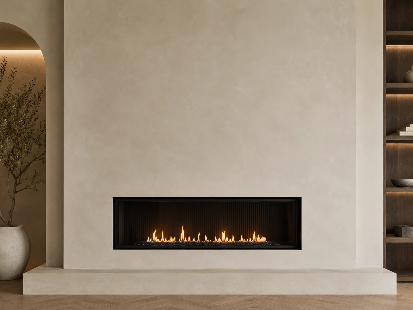 Smooth plaster fireplace wall with modern finish