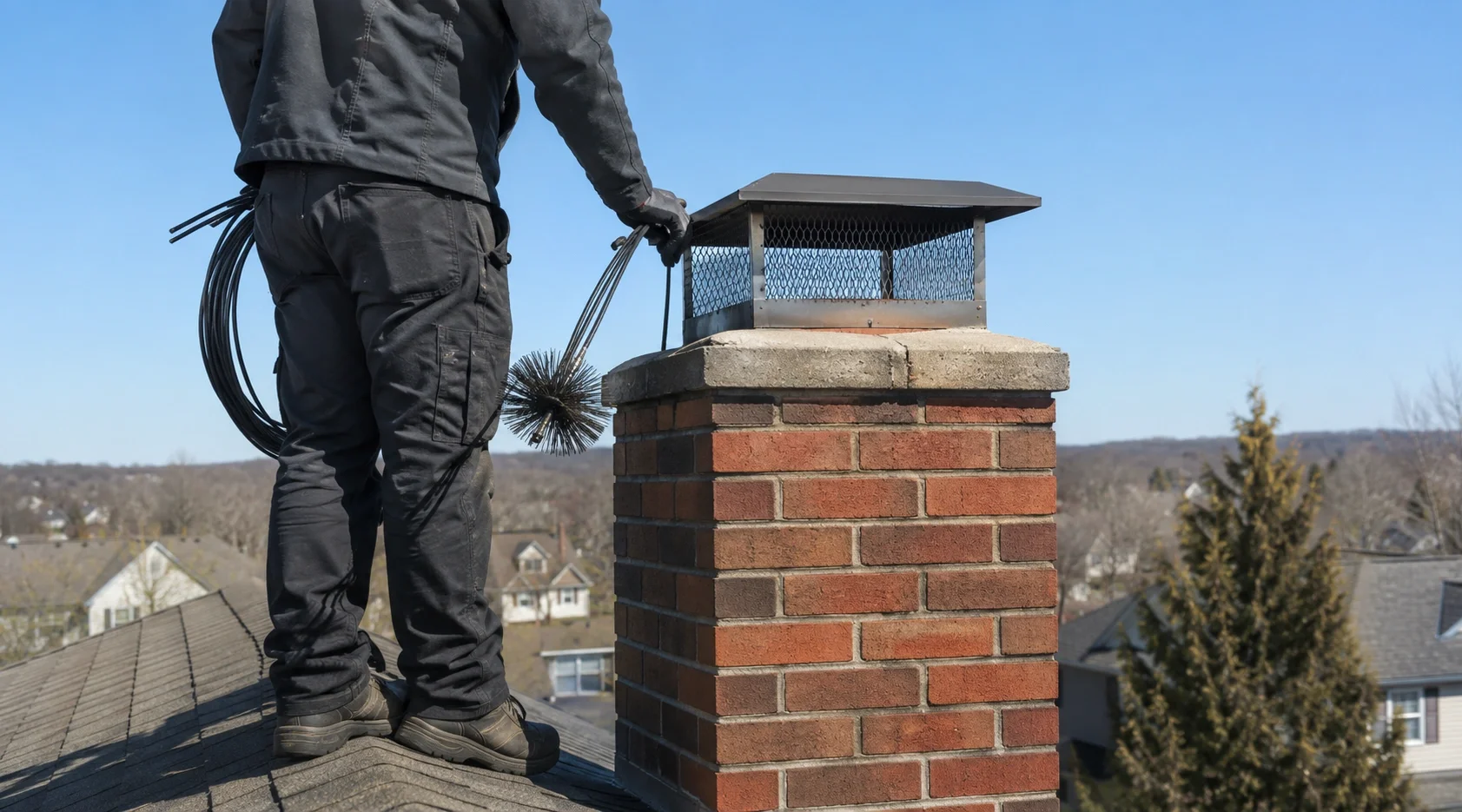 Professional chimney sweep performing an annual inspection and cleaning of a residential wood fireplace chimney