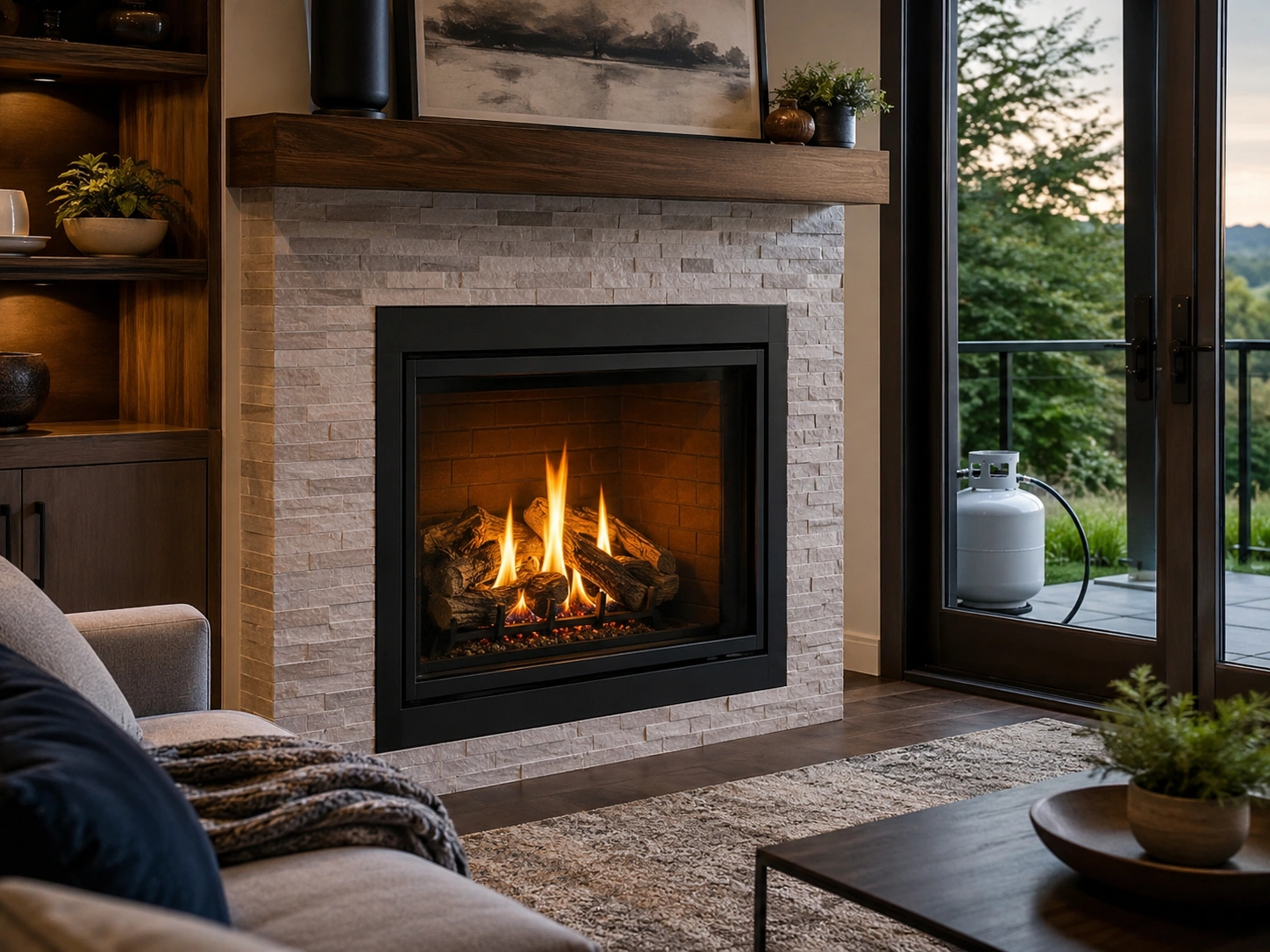 Modern propane fireplace with realistic flame effect
