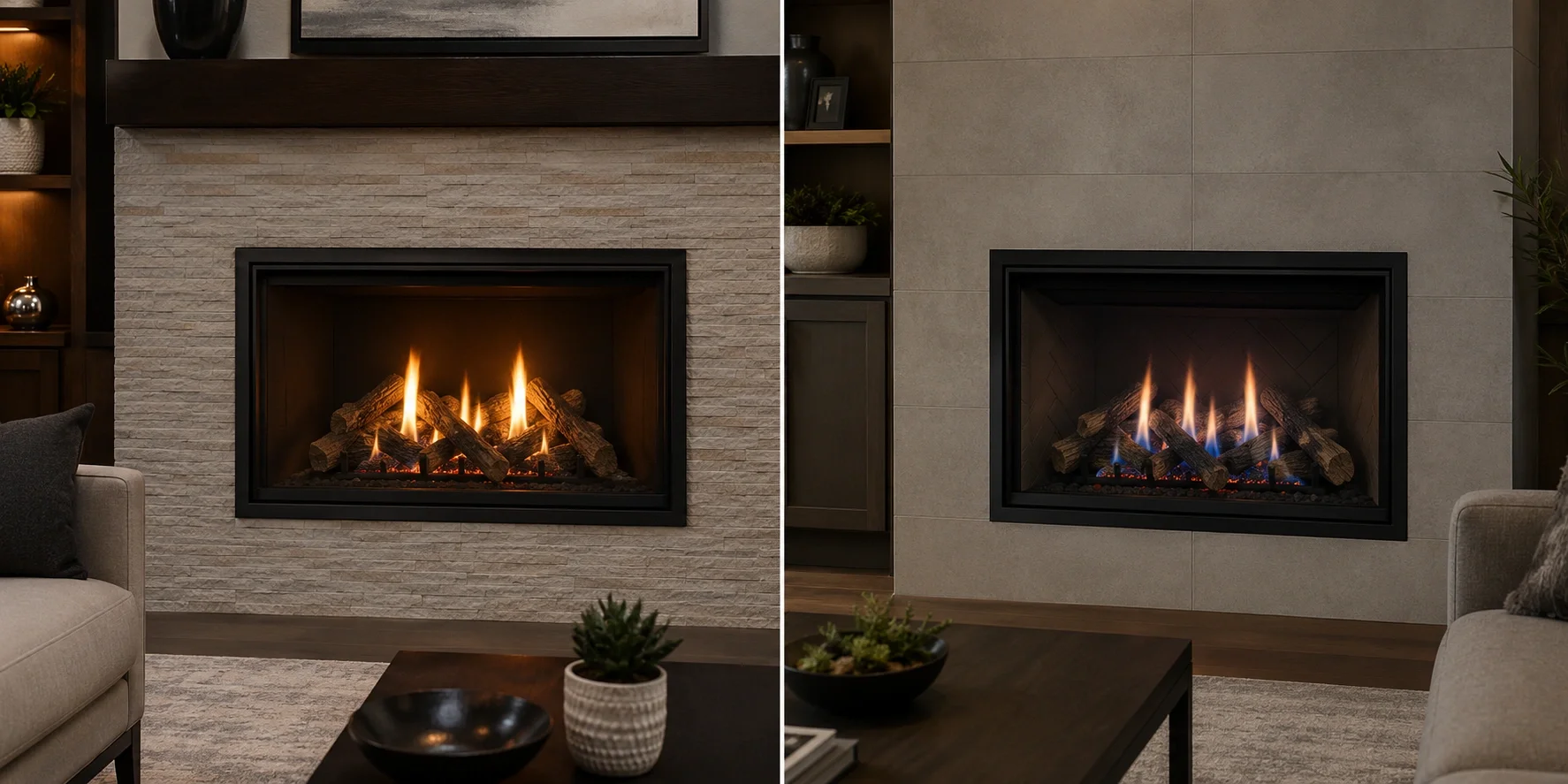 Side by side comparison of propane and natural gas fireplaces