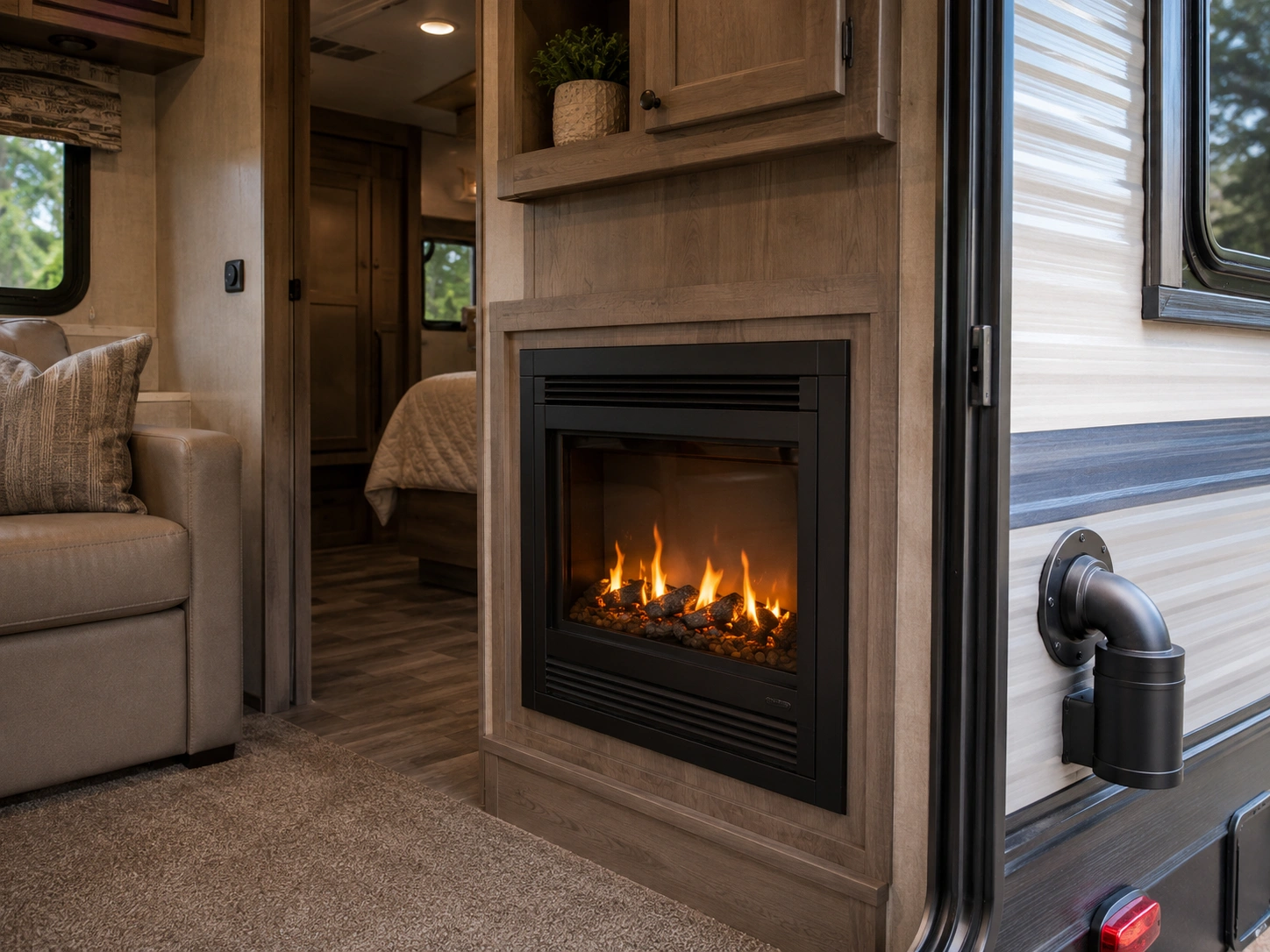 Propane RV fireplace with direct vent system