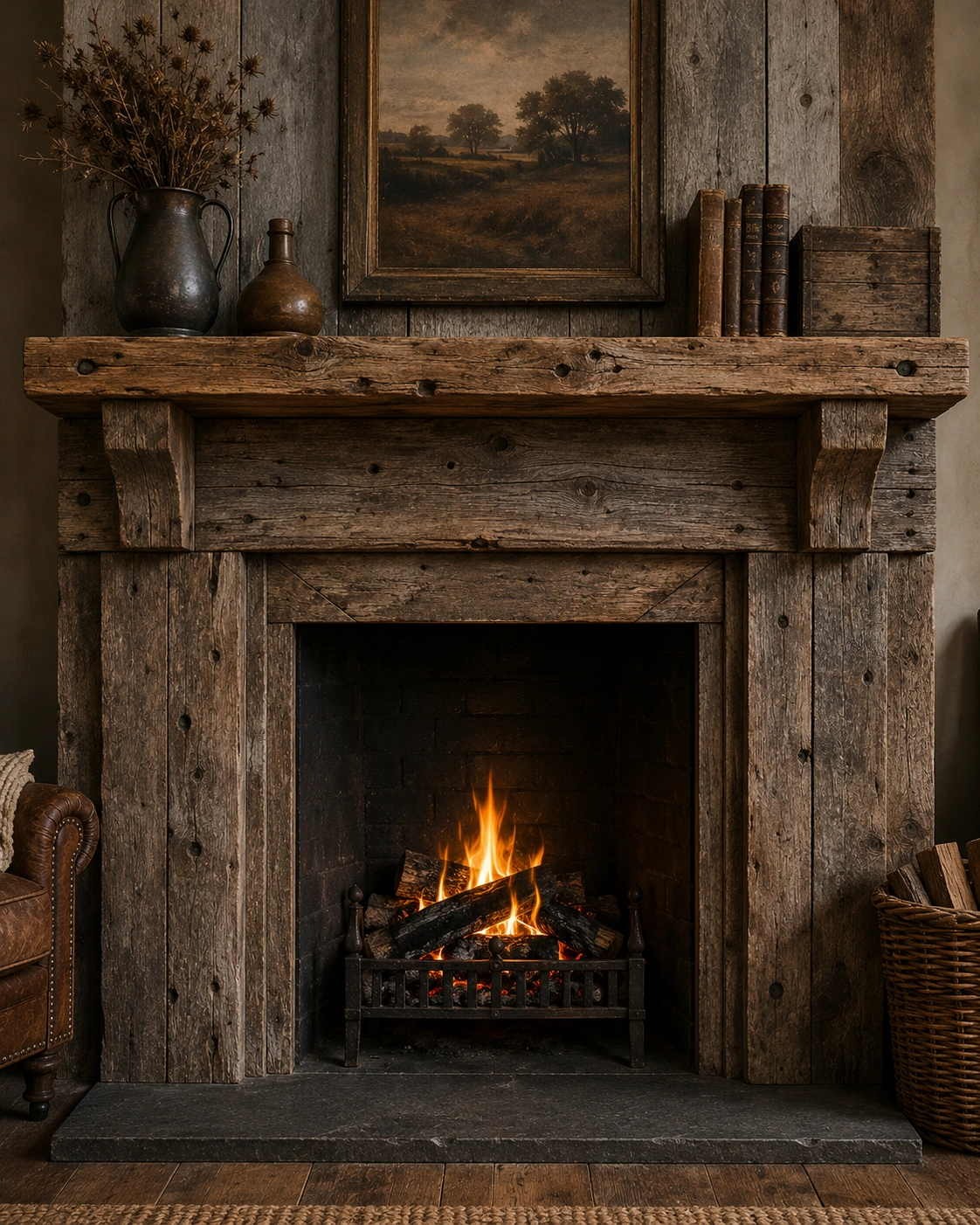 Reclaimed barn wood fireplace with rich patina and character
