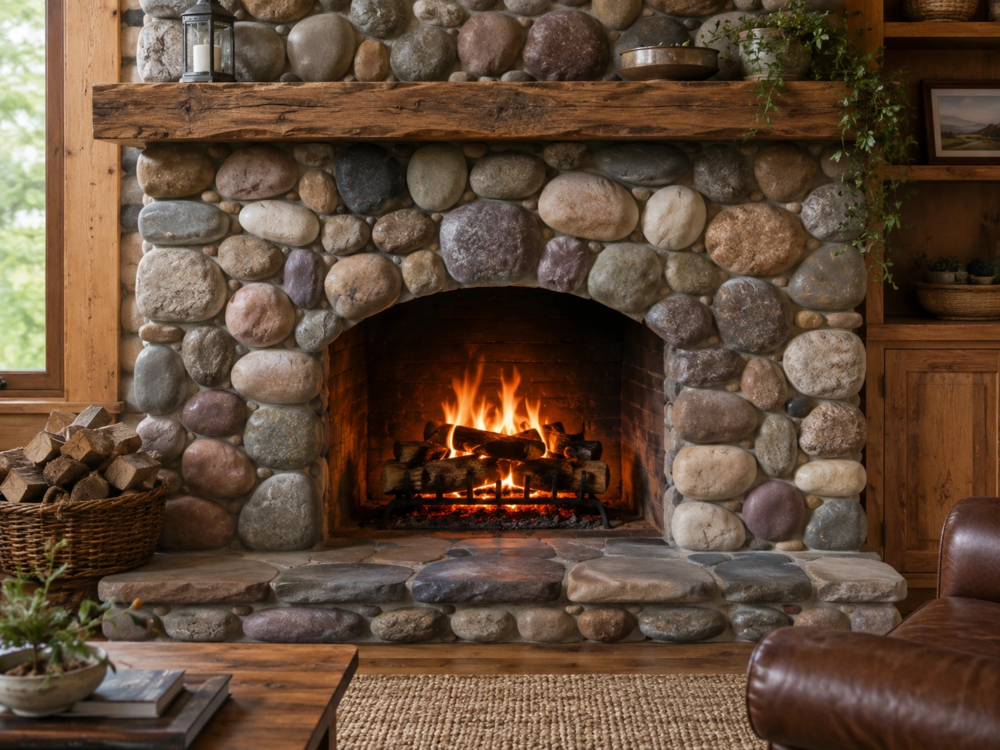 River rock fireplace with smooth, rounded stones